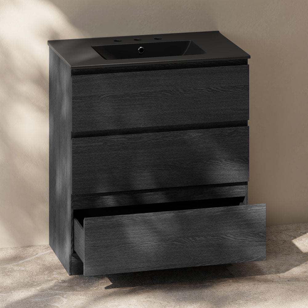 Liberte 30" Freestanding Bathroom Vanity in Black Oak with Black 3-Hole Widespread Sink Top