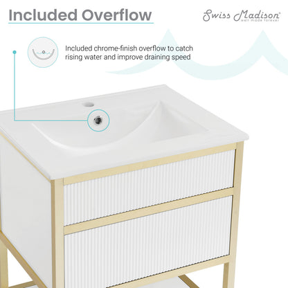 24-inch freestanding white bathroom vanity with single sink and two textured drawers.