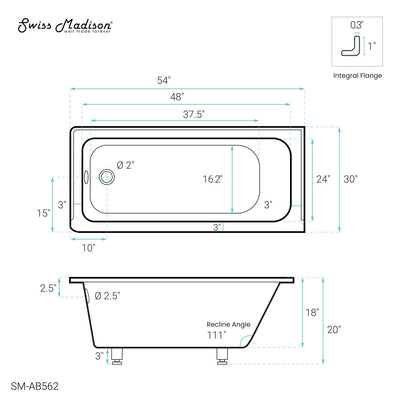 Voltaire 54 x 30 Left Drain Soaking Alcove Bathtub in Glossy White