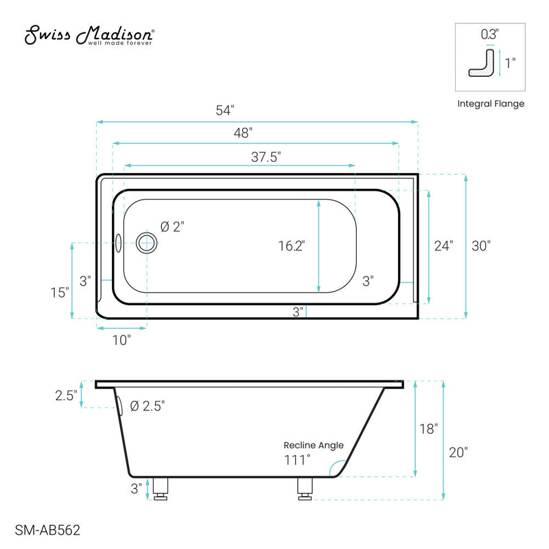 Voltaire 54 x 30 Left Drain Soaking Alcove Bathtub in Glossy White