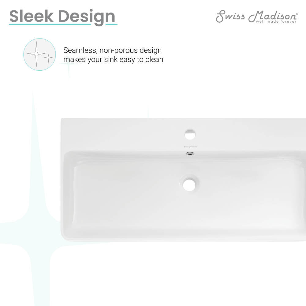 36" rectangular wall-mount bathroom sink in white ceramic with single faucet hole and overflow drain.
