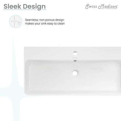 36" rectangular wall-mount bathroom sink in white ceramic with single faucet hole and overflow drain.