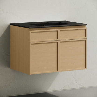 St. Tropez 30" Wall-Mounted Bathroom Vanity in Natural Oak with Black 3-Hole Widespread Sink Top