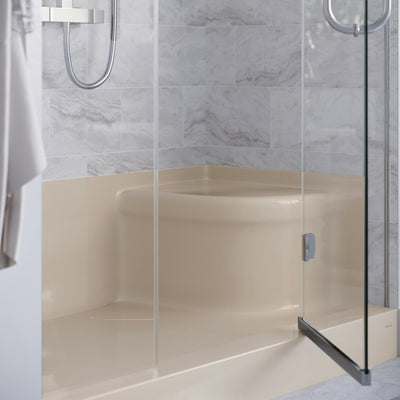 Aquatique 60 X 32 Single Threshold Shower Base With Left Hand Drain and Integral Right Hand Seat in Biscuit
