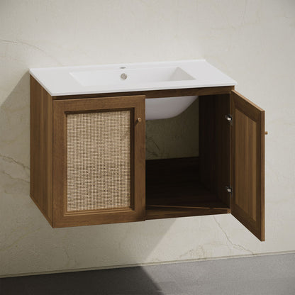 Classe 30" Wall-Mounted Bathroom Vanity in Brown Oak with Single Faucet Hole Vanity Top
