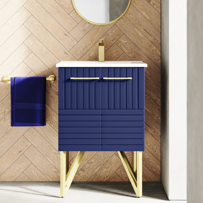 24-inch freestanding bathroom vanity in Granger Blue with soft-close doors and white sink top.