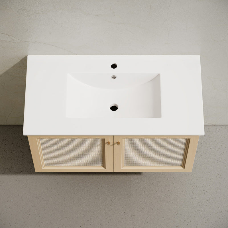 Classe 36" Wall-Mounted Bathroom Vanity in Natural Oak with Single Faucet Hole Vanity Top