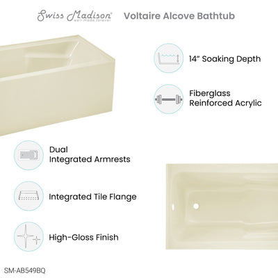 Voltaire 54" x 30" Left-Hand Drain Alcove Bathtub with Apron in Bisque