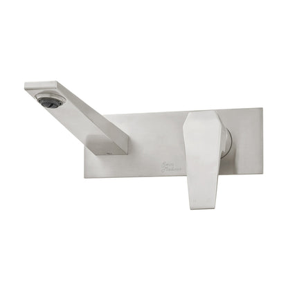 Single-handle wall-mount bathroom faucet in brushed nickel with angular spout and lever handle.