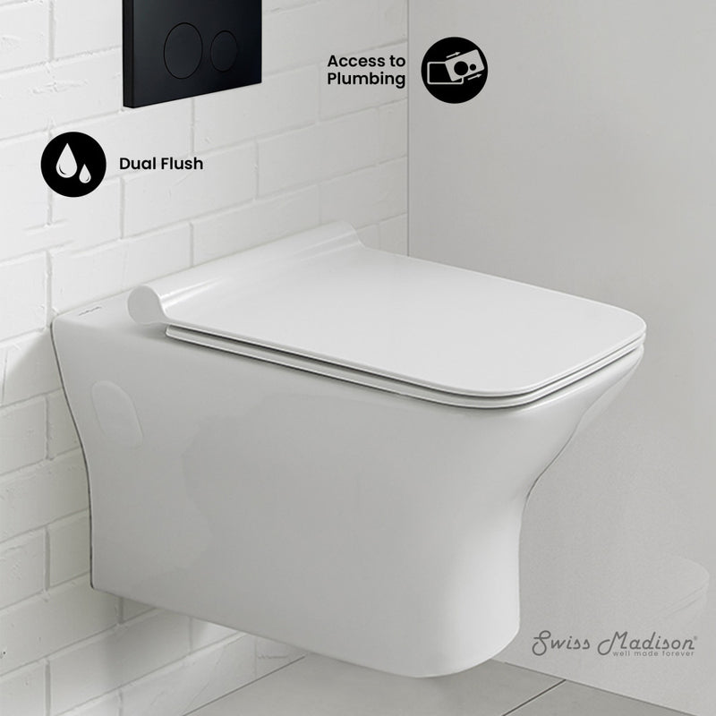 Carre Wall-Hung Toilet Bundle 0.8/1.6 GPF Dual Flush in Glossy White with Black Flush Plate