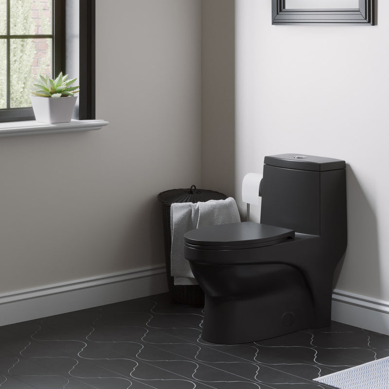 Matte black dual-flush one-piece toilet with elongated bowl LUDO