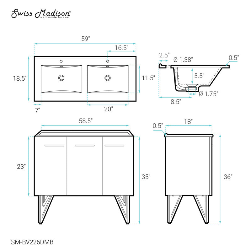 Annecy 60 in. Black Walnut, Double Basin Bathroom Vanity With Black Artificial Stone Sink Top
