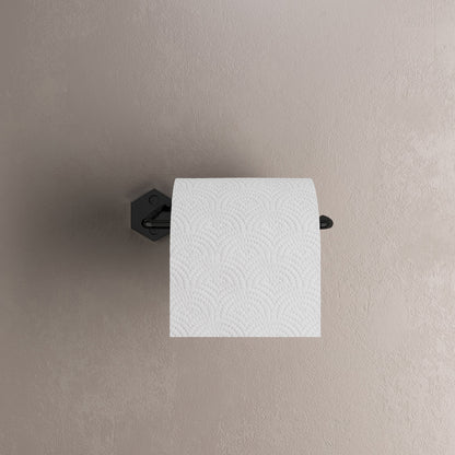 Toilet paper holder in matte black with a minimalist square wall mount and straight arm design.