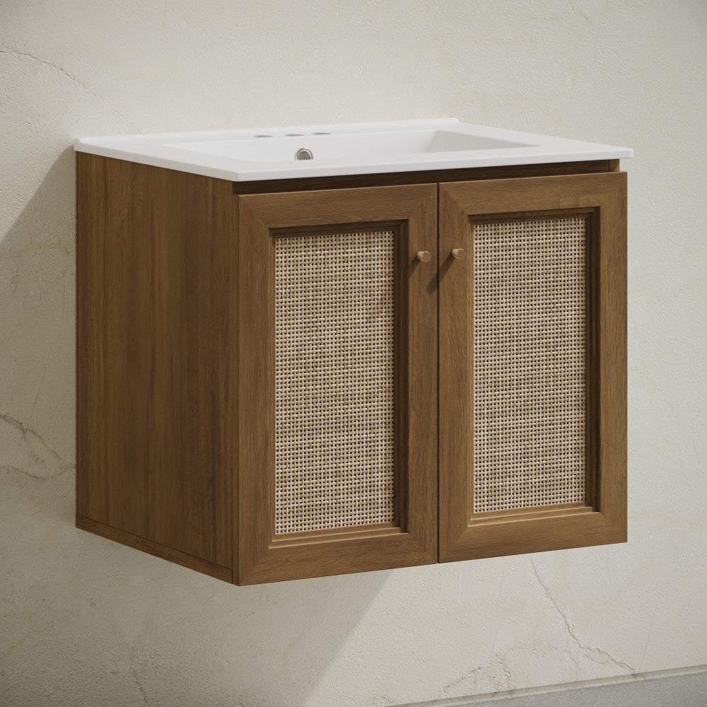 Classe 24" Wall-Mounted Bathroom Vanity in Brown Oak with Centerset Faucet Holes Vanity Top