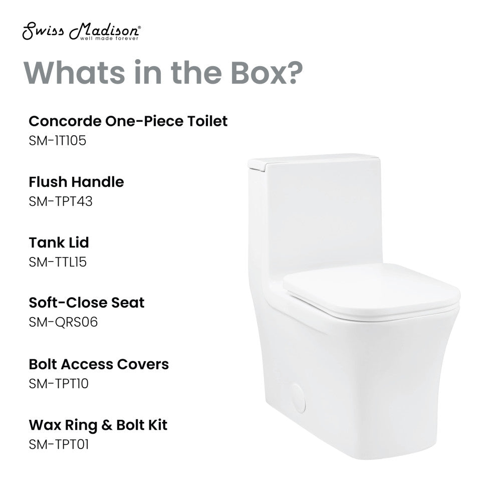 Elongated one-piece toilet with square right side flush handle, 1.28 gallons per flush, soft-close seat.