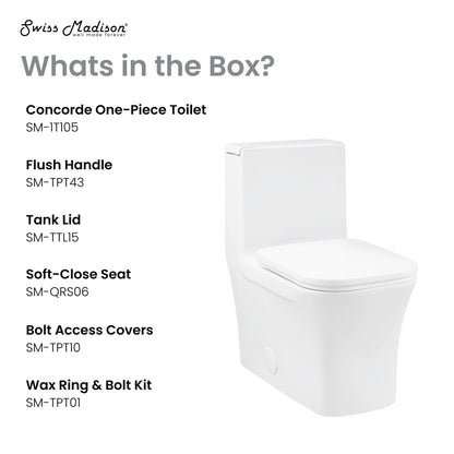 Elongated one-piece toilet with square right side flush handle, 1.28 gallons per flush, soft-close seat.