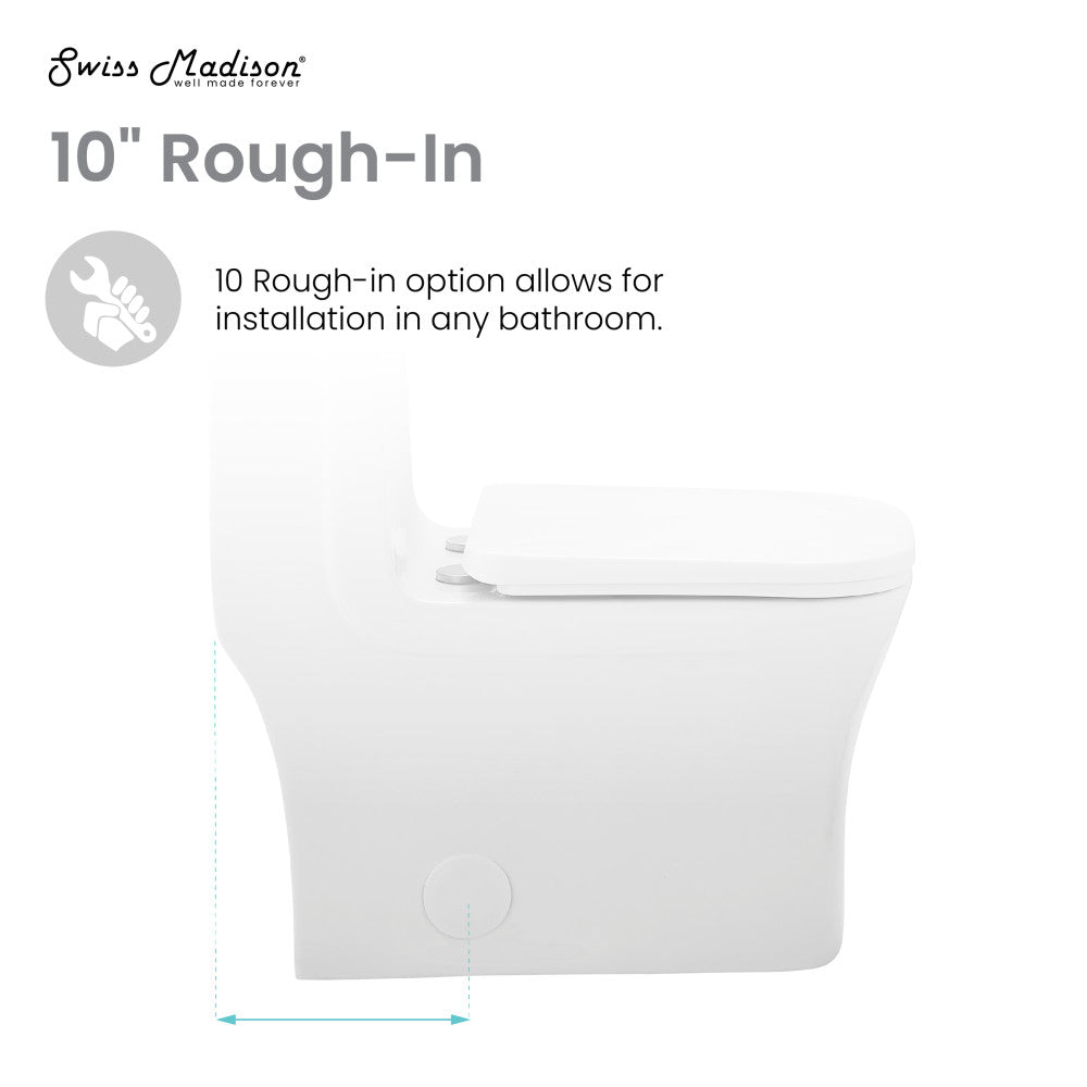 Elongated one-piece toilet, dual flush, 10-inch rough-in, compact design, white ceramic.