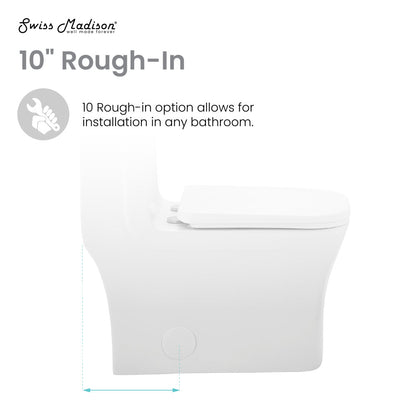 Elongated one-piece toilet, dual flush, 10-inch rough-in, compact design, white ceramic.