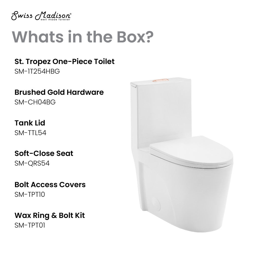 Elongated one-piece toilet with dual vortex flush and rose gold hardware.