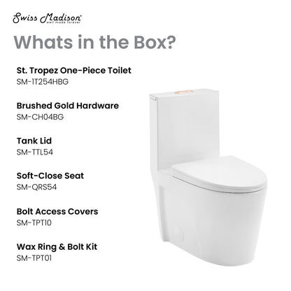 Elongated one-piece toilet with dual vortex flush and rose gold hardware.