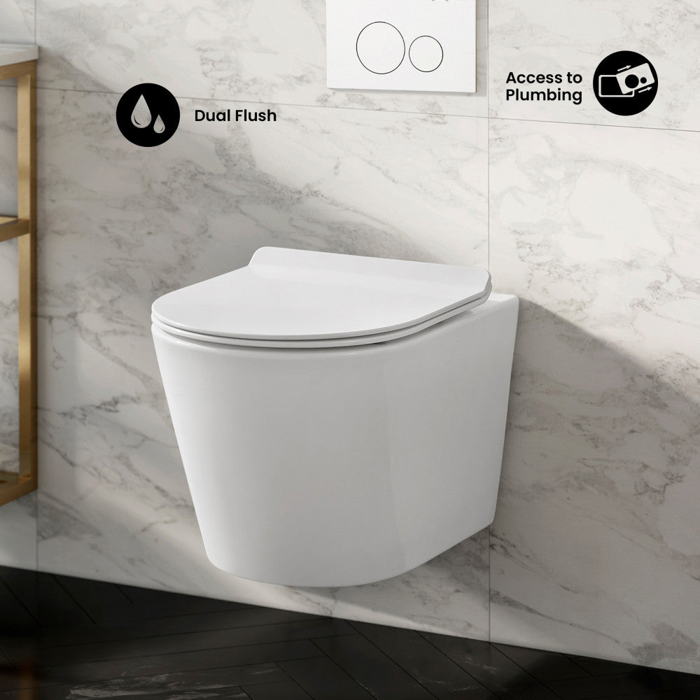 Calice Wall-Hung Toilet Bundle 0.8/1.6 GPF Dual Flush in Glossy White with White Flush Plate