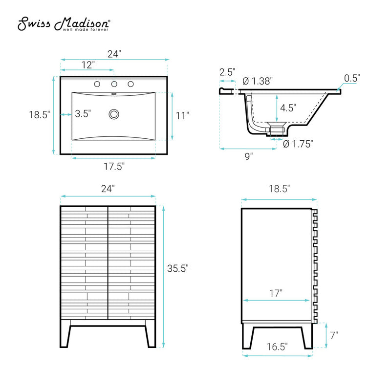 Cascade 24" Freestanding Bathroom Vanity in Green Oak with Black 3-Hole Widespread Sink Top