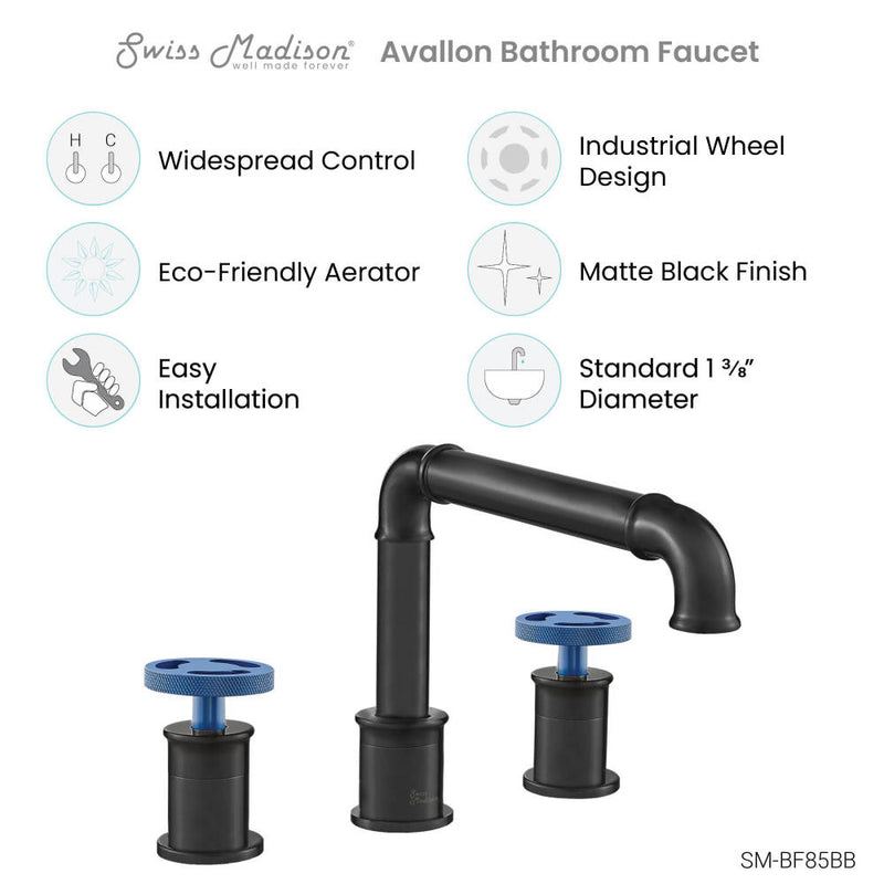 Avallon 8 in. Widespread, 2-Handle Wheel, Bathroom Faucet in Matte Black with Blue Handles