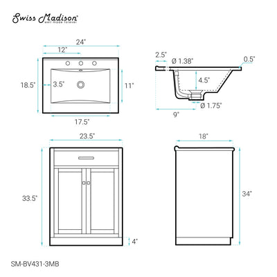 Burdon 24" Freestanding Bathroom Vanity in White with Black 3-Hole Centerset Sink Top