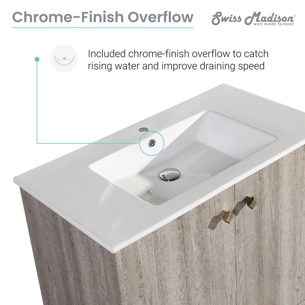 36-inch freestanding gray oak bathroom vanity with single integrated white sink top and chrome overflow.