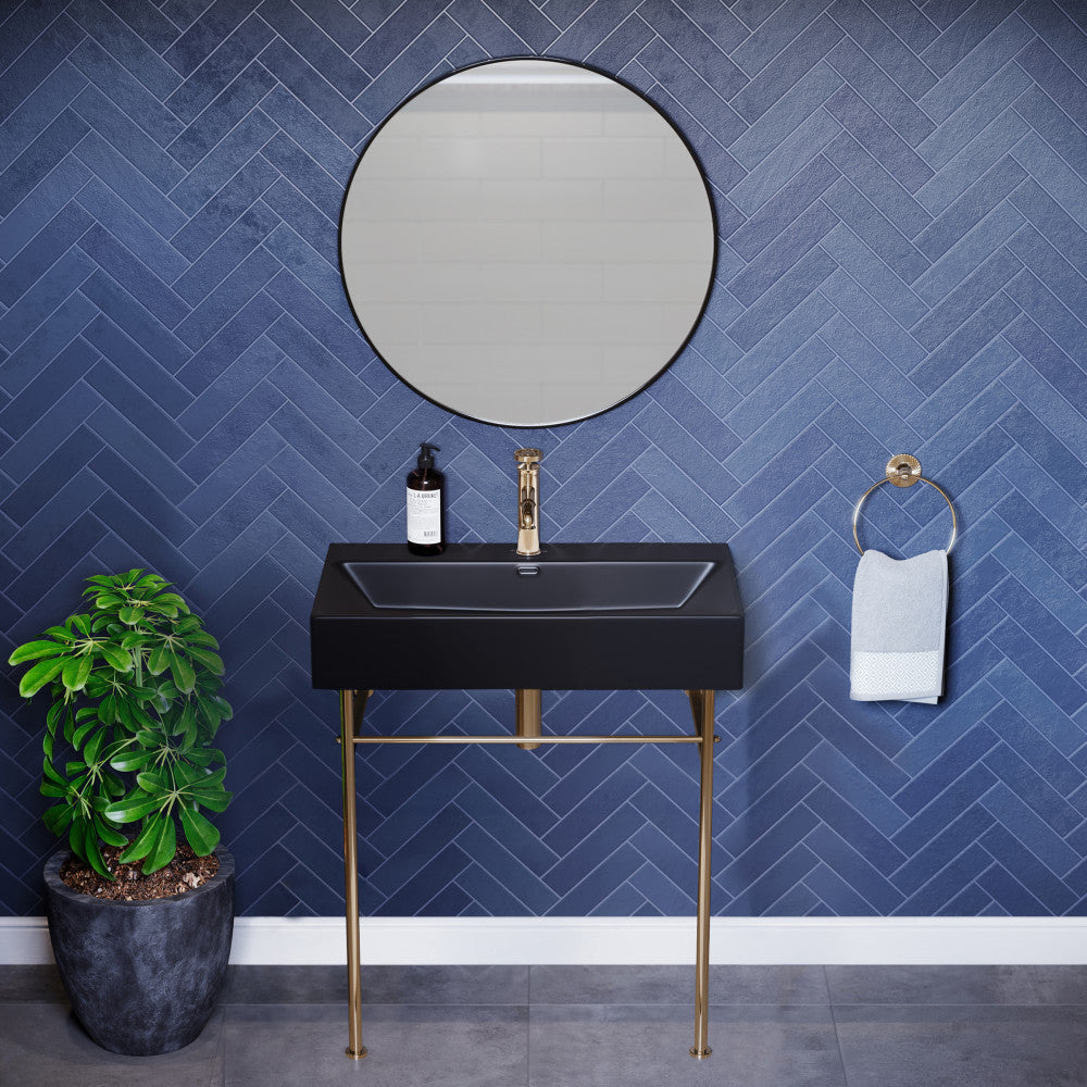 Claire 30 Ceramic Console Sink Matte Black Basin Gold Legs
