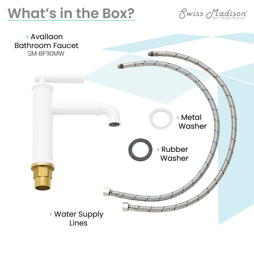 Single-handle bathroom faucet in matte white with metal and rubber washers and water supply lines.