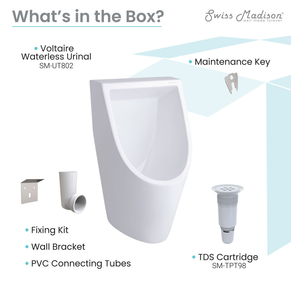 White wall-hung waterless urinal with smooth front and TDS cartridge maintenance key.