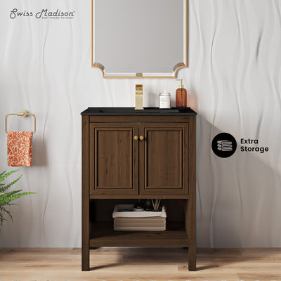 Château 24" Freestanding Bathroom Vanity in Brown Oak with Black Sink Top