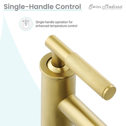 Single-handle bathroom faucet in brushed gold, sleek cylindrical design with textured lever handle.