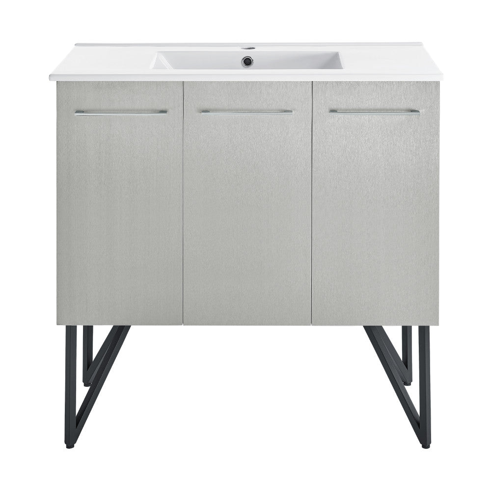 36-inch freestanding gray bathroom vanity with white sink top and three soft-close doors.