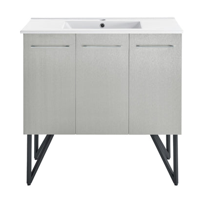 36-inch freestanding gray bathroom vanity with white sink top and three soft-close doors.
