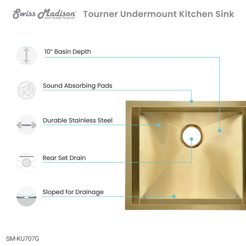 Tourner 21 x 18 Stainless Steel, Single Basin, Undermount Kitchen Sink, Gold