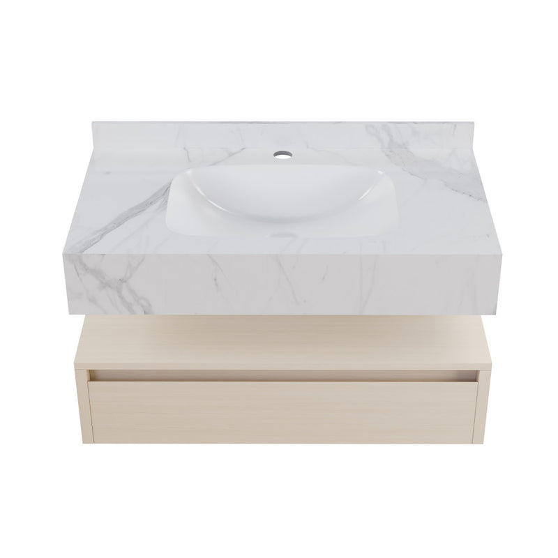 Avancer 36" Wall-Mounted Bathroom Vanity in White Oak with White Marble Sink Top