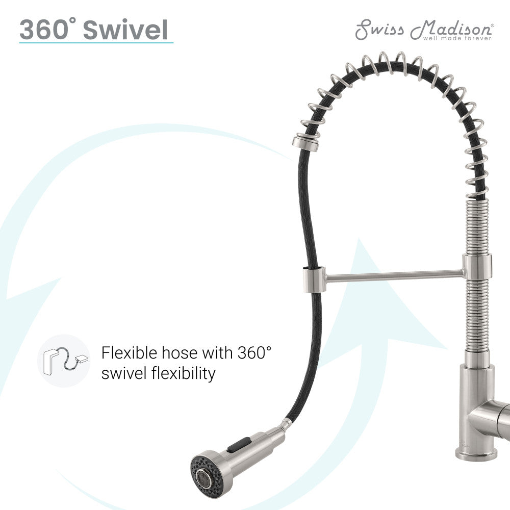 Single handle pull-down kitchen faucet in brushed nickel with flexible hose and 360-degree swivel.