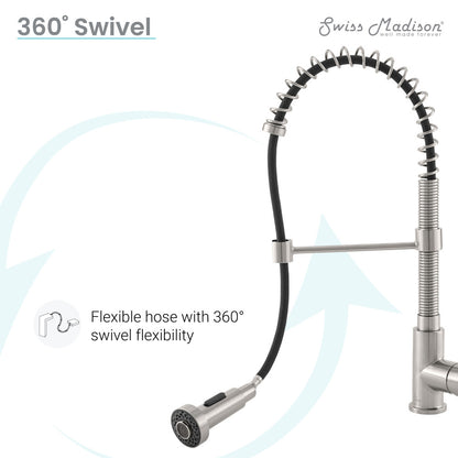 Single handle pull-down kitchen faucet in brushed nickel with flexible hose and 360-degree swivel.