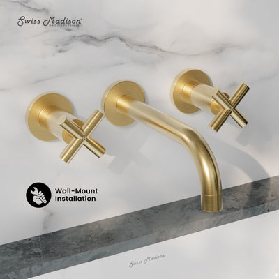 Ivy 8 in. Widespread Double Cross-Handle Wall Mount Bathroom Faucet in Brushed Gold