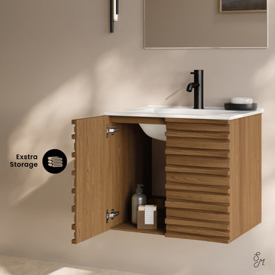 Cascade 24" Wall-Mounted Bathroom Vanity in Brown Oak with Sink Top