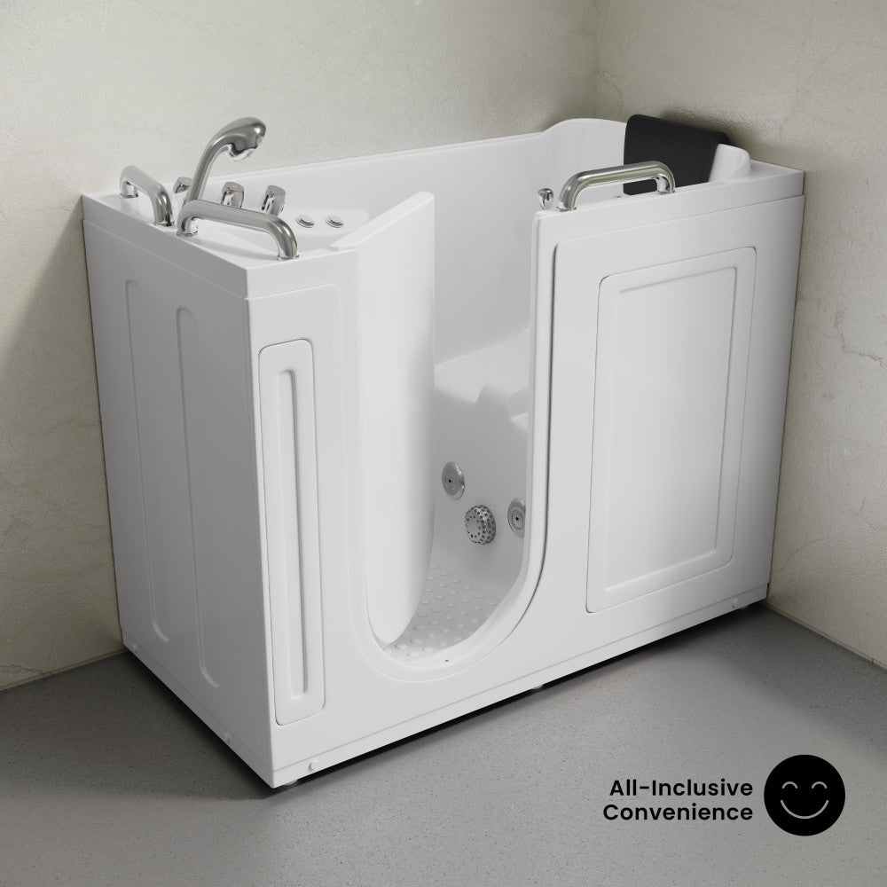 Auvergne 53" x 27" ADA Left Drain Walk-in Soaking Bathtub with Massage Jets in Glossy White, Faucet Set, Drain, Grab Bars, Pillow Included