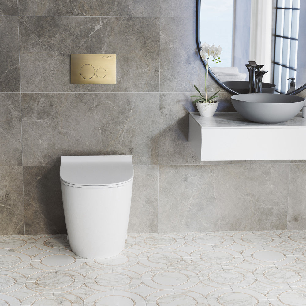 St. Tropez Back-to-Wall Toilet Bundle 0.8/1.6 GPF Dual Flush in Glossy White with Brass Flush Plate