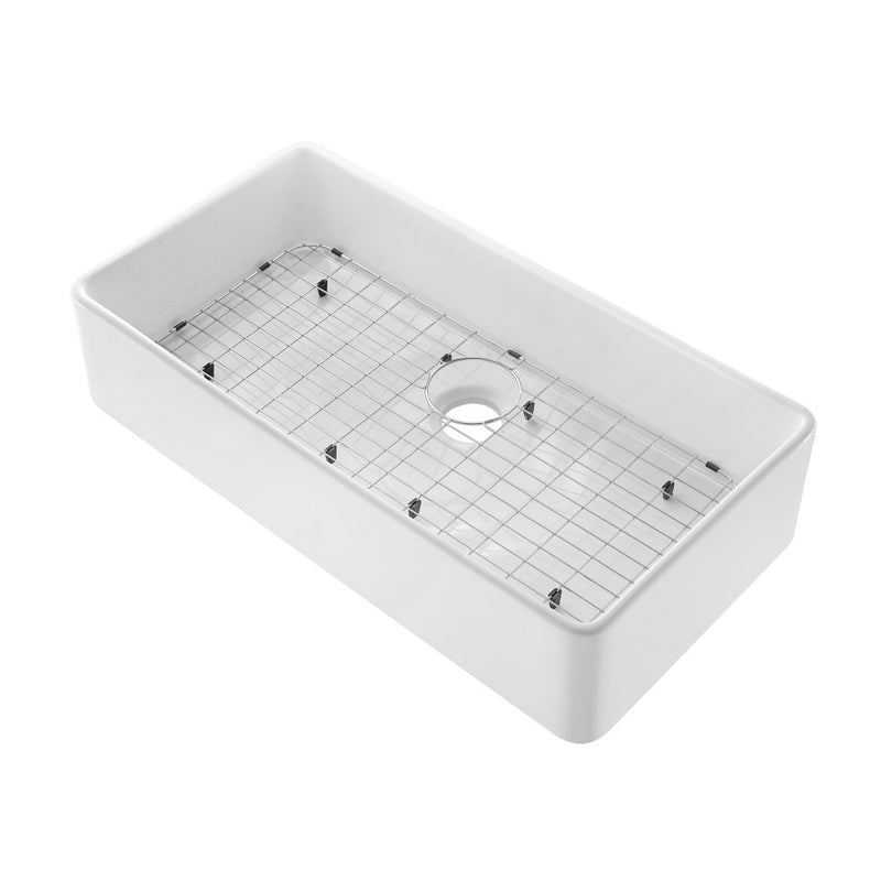 Elegance 36" x 20" Single Basin Fireclay Farmhouse Kitchen Sink in Glossy White with Stainless Steel Grid