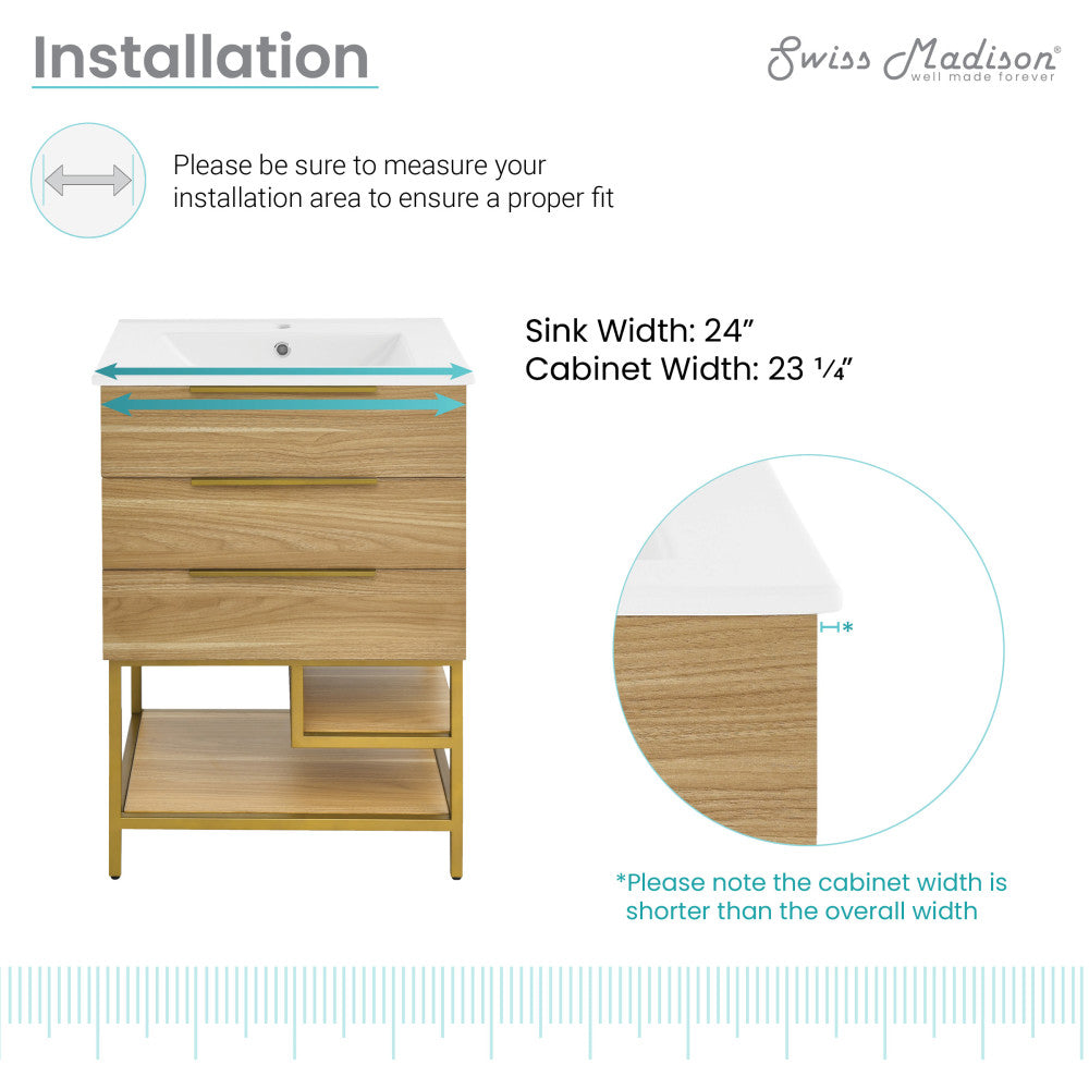 24-inch freestanding bathroom vanity in golden oak with single sink and open lower shelf.