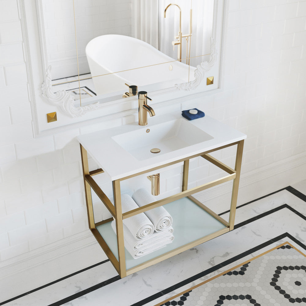 30-inch wall-mount bathroom vanity with gold metal frame and open lower shelf, white countertop, single sink.