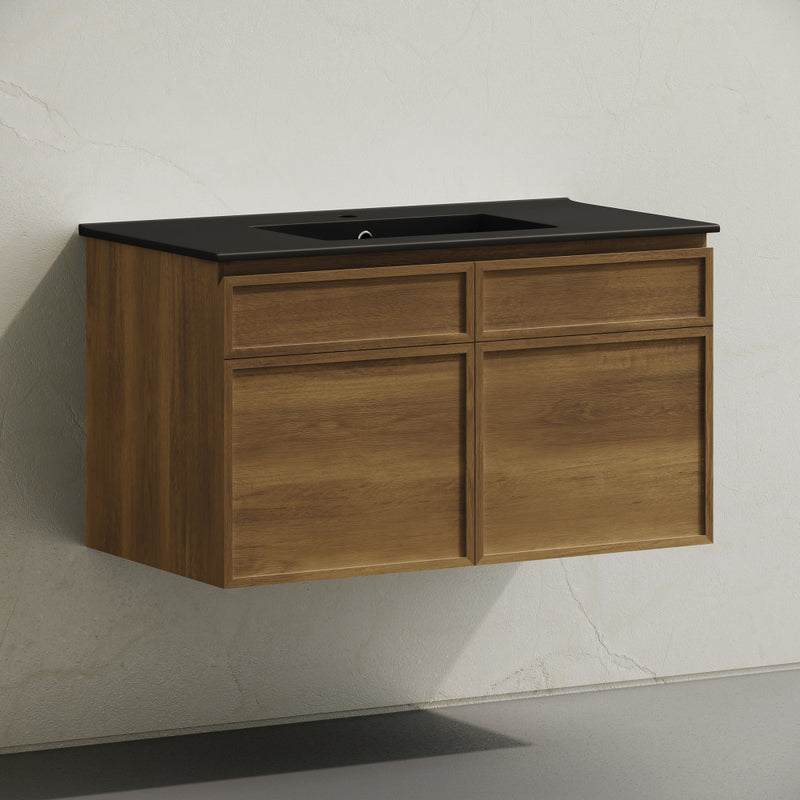 St. Tropez 36" Wall-Mounted Bathroom Vanity in Brown Oak with Black Sink Top