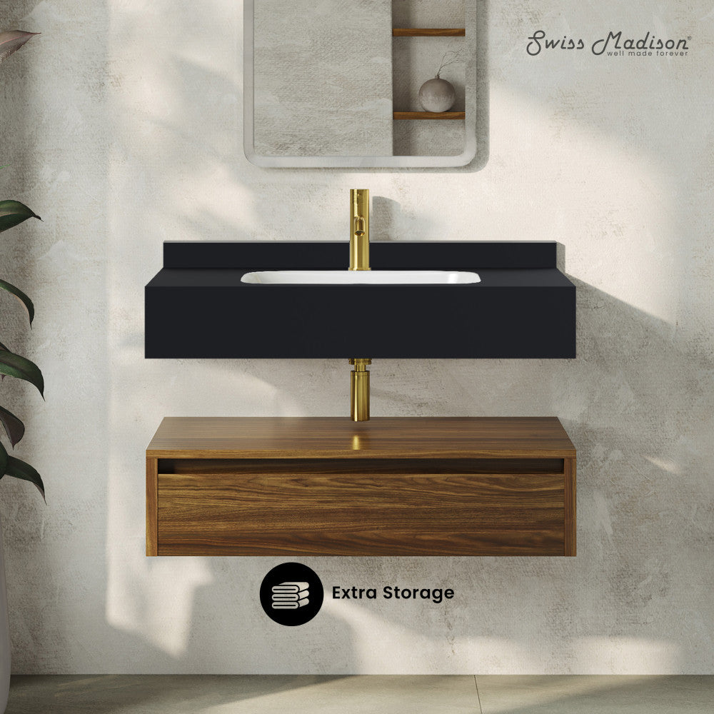 Avancer 36" Wall-Mounted Bathroom Vanity in Brown Oak with Black Marble Sink Top