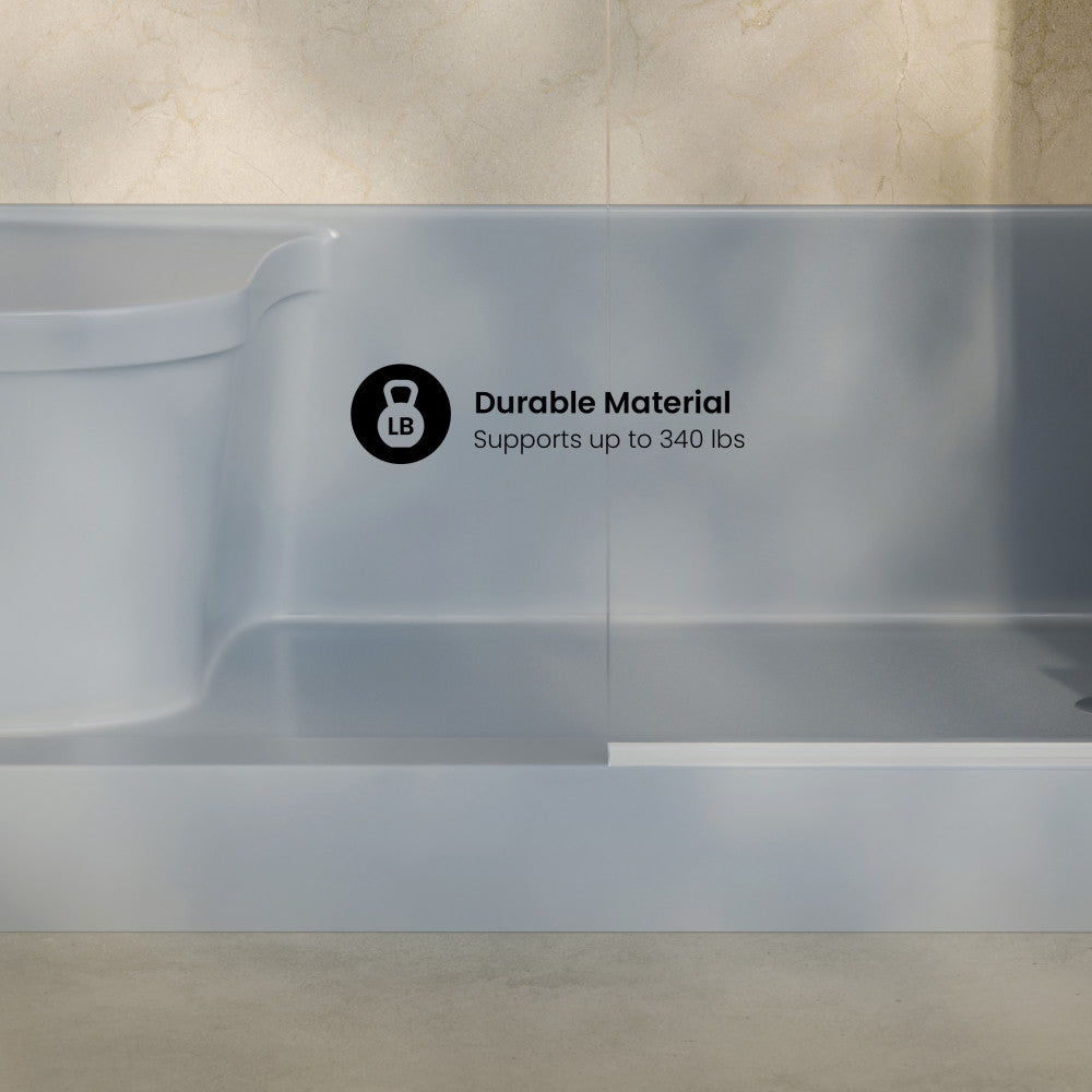 Aquatique 60" x 32" Single Threshold Shower Base With Right Hand Drain and Integral Left Hand Seat in Gray